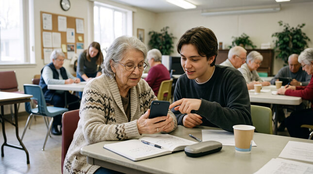 Young man helps elderly woman with smartphone in a classroom setting with other seniors learning