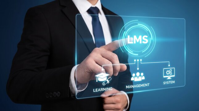 Businessman touching virtual screen with learning management system interface