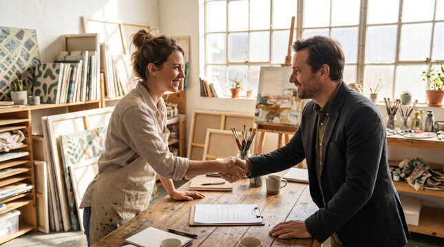 Artist and client shaking hands in a bright studio filled with artwork and supplies