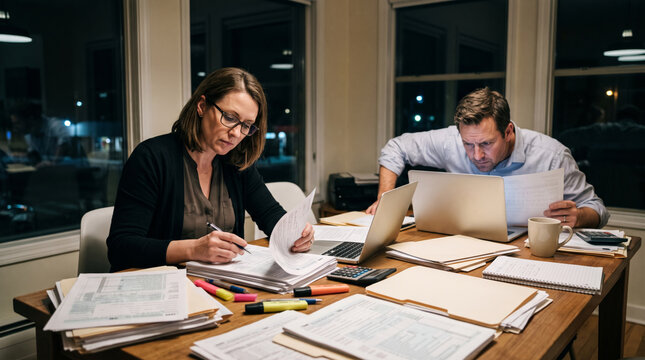 Two people working late at night at a desk with papers and laptops, focused on their tasks