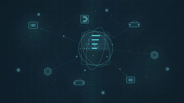 Central cloud database server connecting peripheral internet of things devices across dynamic digital network lines in high tech cyberspace hud animation with glowing blue futuristic holographic infor