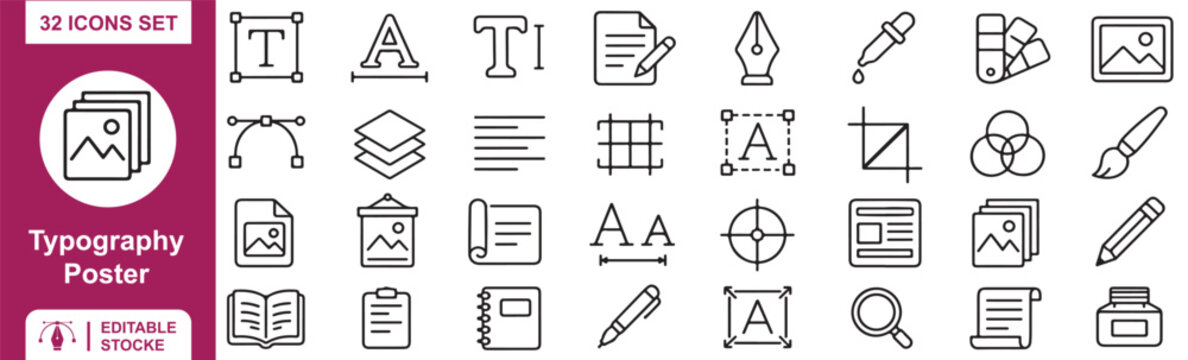 Typography Icons Set &ndash; 32 Editable Outline Stroke Icons for Graphic Design, Text and Publishing