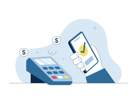 A contactless digital payment using a smartphone and a point-of-sale (POS) terminal. Modern payment illustrations. Flat vector concepts.
