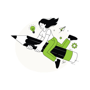 Woman flying on giant pencil with paper plane, creative inspiration vector illustration