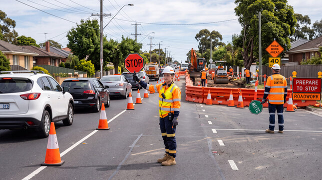 Female traffic controllers in high-visibility safety wear managing traffic queues with Stop Slow bats at an active roadwork site, featuring road cones, safety barriers, heavy machinery in Australia