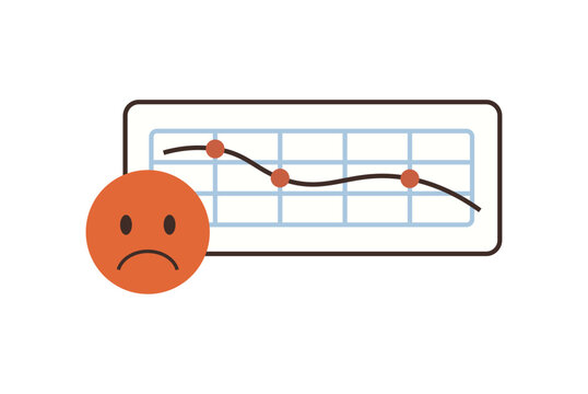 Sad face emotion next to a declining line graph vector illustration. Business failure, economic recession, financial loss, market crash, bad statistics, deficit. Unhappy icon with falling chart