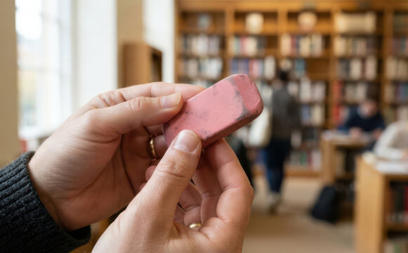 Person holding pink rubber eraser in library study room, conceptual image for education and stationery use