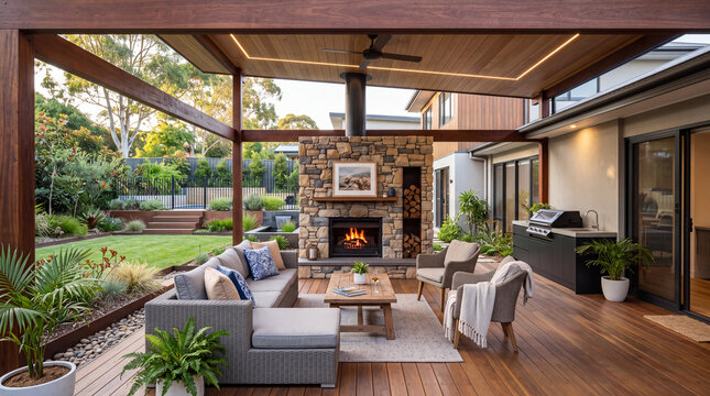 Atmospheric view of a luxurious outdoor covered patio and timber deck, featuring a stacked-stone fireplace, comfortable lounge furniture, ceiling fan, and a beautifully landscaped backyard garden