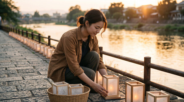 Young woman arranging paper lanterns by a river at sunset, creating a serene atmosphere
