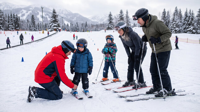 Family enjoys a ski lesson with instructor on a snowy mountain slope surrounded by pine trees and winter landscape