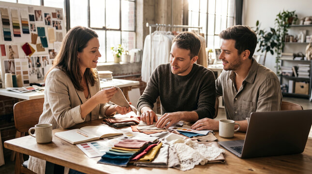 Creative team collaborates on fabric swatches and color palettes in a bright studio setting
