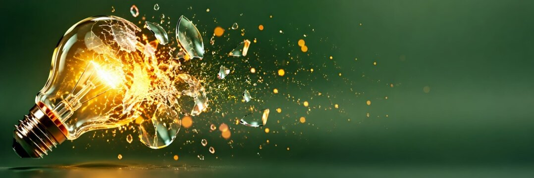 Light bulb exploding into glowing particles on dark green background with shattering glass broken glass digital
