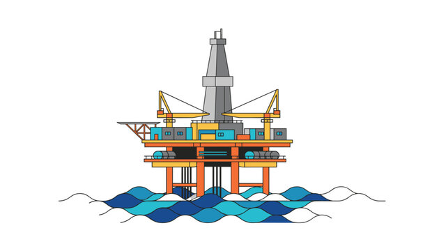 Offshore drilling rig platform operating in the middle of a deep wavy blue ocean with strong industrial structures.