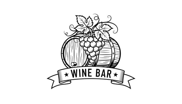 Retro wine bar logo template featuring a detailed sketch of a wooden barrel, grape bunch, and scroll ribbon.