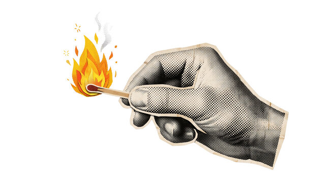 Vintage collage hand holding a burning match isolated on transparent background