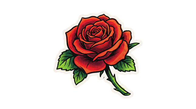 Red rose flower in vintage comic book halftone style isolated on transparent background