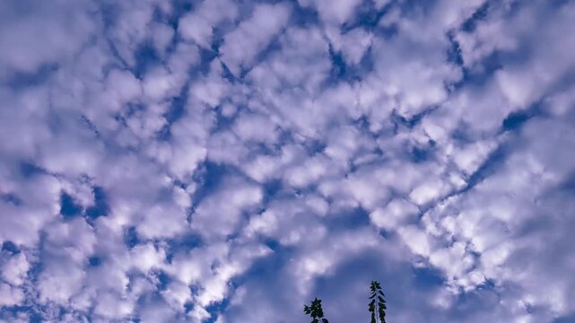 Panning view of patchy cloud cover against a bright blue sky