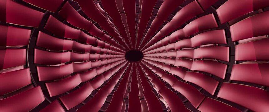 Seamless forward travel through ruby metallic blade crowns in a champagne accented luxury corridor