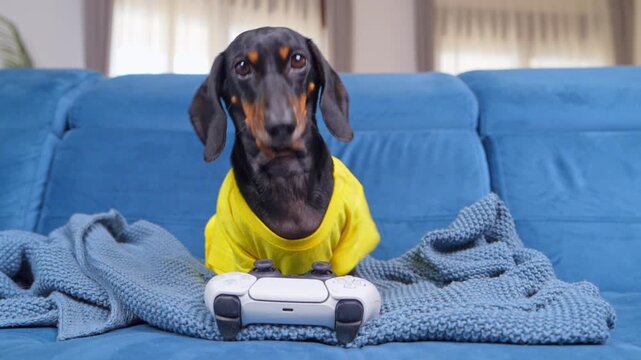 A black and tan dachshund dog in a yellow shirt sits behind a white gaming controller on a knitted throw, a concept of screen time and digital obsession.