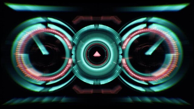 Speedometer Motion Graphics Interface Display Screen Background. Fast Speed Acceleration Animation of Gauge Meter Power. Bright Technology Concept Visual Dashboard in HUD High Tech Control Panel 4k