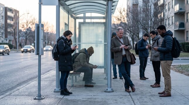 Diverse group of people using smartphones while waiting at a bus stop