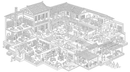Obraz premium Detailed line drawing of a multi-story residential building with interior floor plans exposed to reveal furniture and daily life activities inside each room.