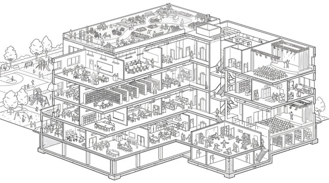 Architectural line drawing emphasizes the vertical expansion and communal integration within a contemporary multi-unit residential structure.