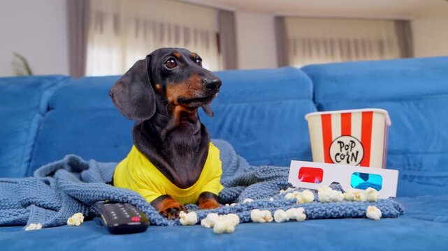 A black and tan dachshund dog in a yellow shirt sits under a knitted blanket beside a striped popcorn bucket, scattered kernels, anaglyph eyewear and a remote control, a home movie night idea.