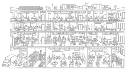 Obraz premium Detailed line drawing explores the interconnected daily lives of residents across a sprawling apartment complex through a cross-sectional narrative approach.