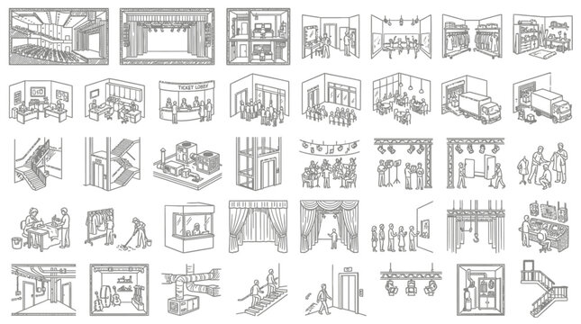 Collection of diverse architectural sketches illustrates various interior spaces, furniture arrangements, and structural details for residential and commercial design purposes.