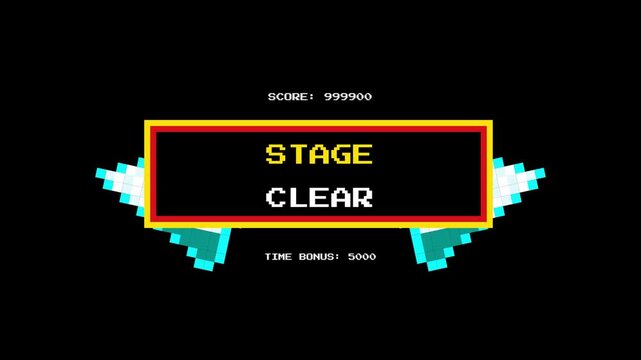 Retro 8 bit pixel art game interface frames with stage clear text