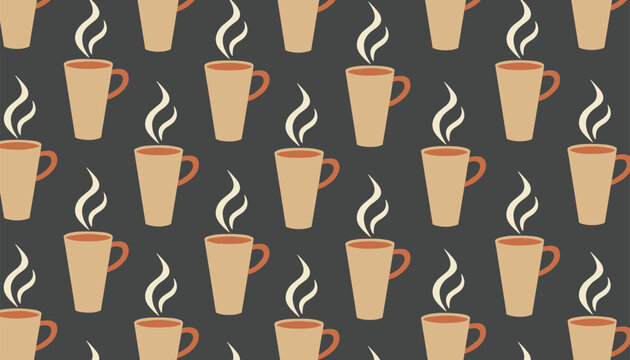 Seamless repeating pattern of hot steaming coffee mugs in warm tones set against a dark grey background for cafe decor.