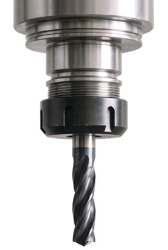 Close up of CNC router and milling machine spindle collet chuck with solid spiral end mill cutter tool isolated on transparent background