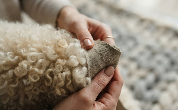 Hands inspecting soft beige sheepskin leather hide with curly wool for artisanal craft production