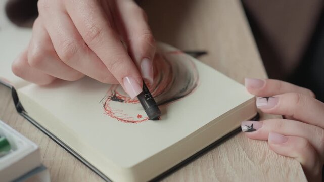 Close up shows two female hand hands drawing abstract red and black lines on white page of art notebook nails painted with star design artwork crayon handmade