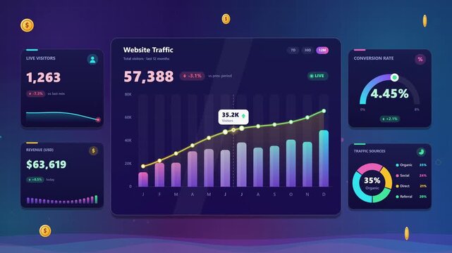 Dynamic digital dashboard showing website traffic conversion rates and revenue growth charts rendered in glowing neon colors with animated graphs and metric counters for modern business analytics vide