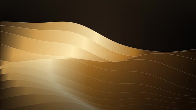 Abstract gold waves flowing in smooth motion on dark background for luxury design projects.