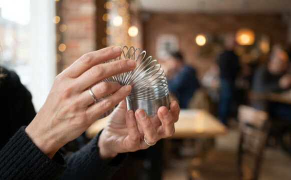 Close-up of caucasian woman playing with metal slinky toy in a cozy cafe indoor