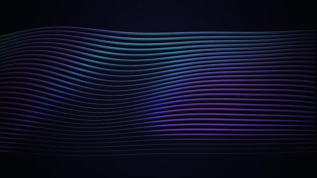 Abstract flowing lines motion graphic with purple and blue gradients on dark background.