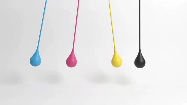 Minimalist CMYK Ink Drops Falling in Precise Abstract Motion Isolated on White Background for Printing Graphic Design Color Theory Ink Technology Motion Graphics and Commercial Video