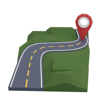 Low-Poly 3D Road Route With A Red Map Location Pin Icon