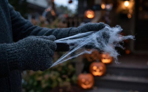 Person wearing grey woolen gloves stretching artificial spiderweb for Halloween decoration