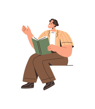 Man sitting and reading a book while gesturing with his hand vector illustration. Education, storytelling, literature, learning, imagination, public speaking. Male character holding an open textbook