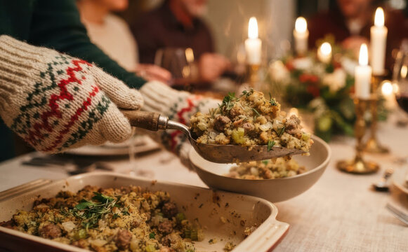 Serving traditional holiday stuffing from a baking dish at a festive family dinner table