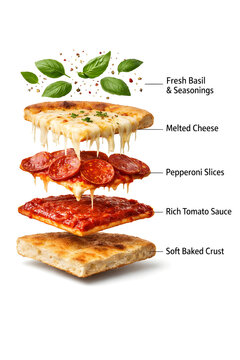 Exploded view of pizza slice layers with ingredients infographic isolated on white background.