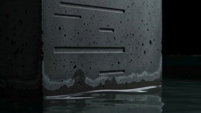 Abstract dark concrete block with engraved lines standing in dark water.