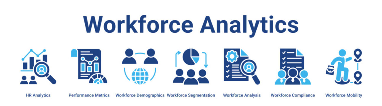 Workforce Analytics web banner icon vector illustration concept for business with icon of HR Analytics, Performance Metrics, Workforce Demographics, Workforce Segmentation, Workforce Analysis,.