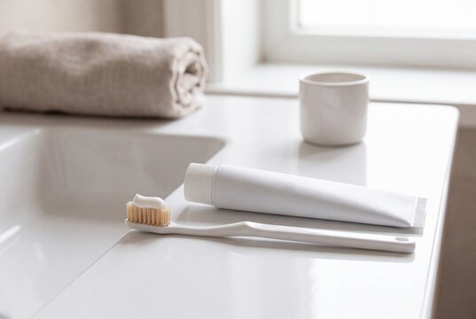Minimalist Bathroom Sink Setup with Toothbrush and Toothpaste Tube