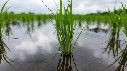 Fototapeta premium Green rice sprouts growing in flooded paddy field.