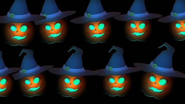 Glowing Halloween Jack O Lantern Pattern Wearing a Witch Hat on a Dark Background	